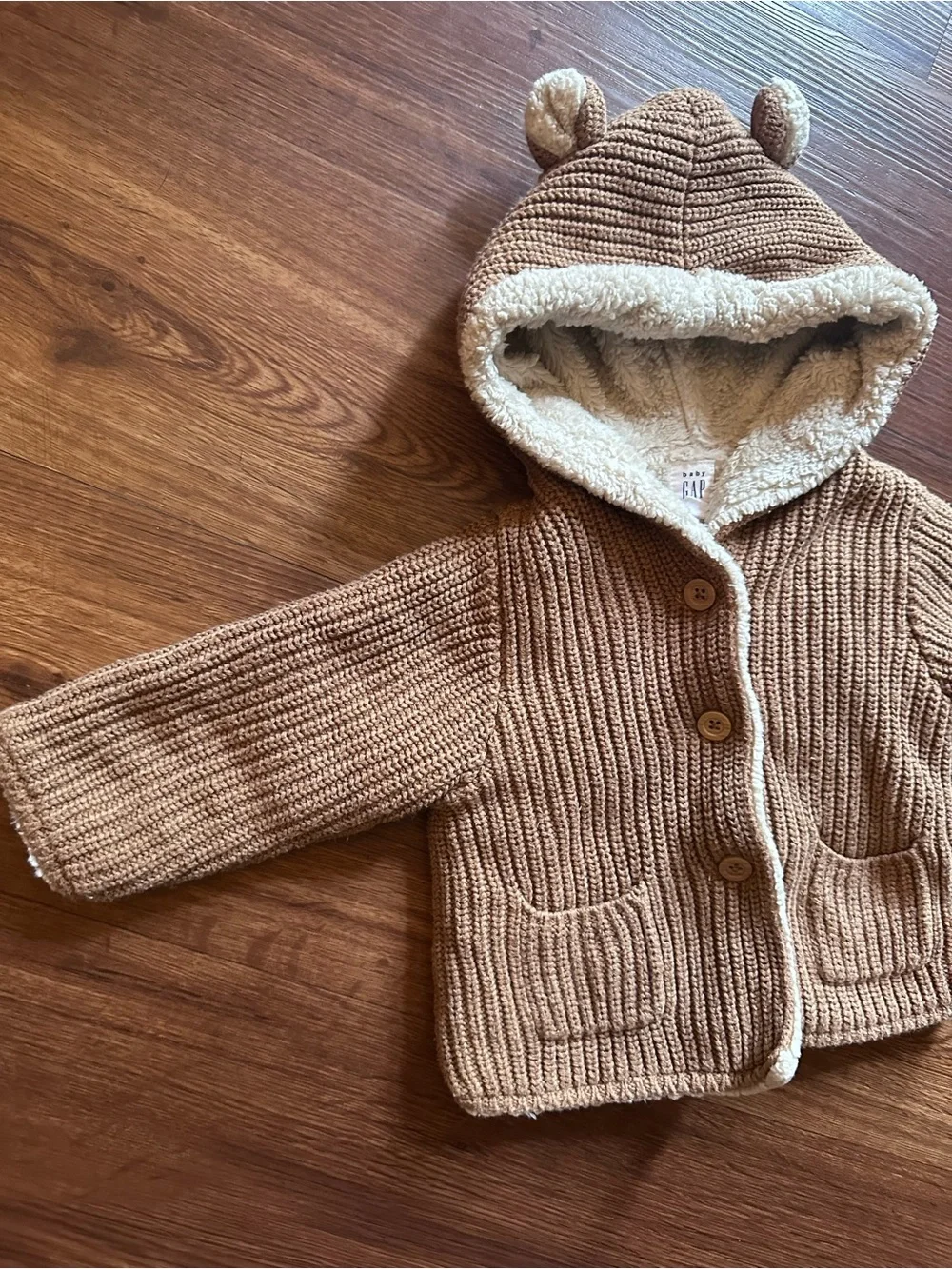 GAP Baby Sherpa-Lined Hooded Cardigan in Light Beige